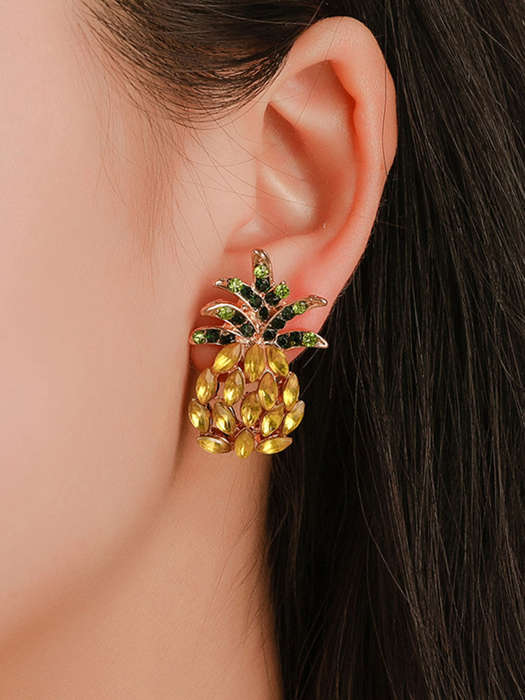 Sweet Pineapple Ear Stud Geometric Fruit Rhinestone Earring Vintage Jewelry for Women
