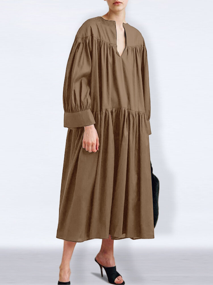 Casual Solid Color V-neck Long Sleeve Pleated Dress