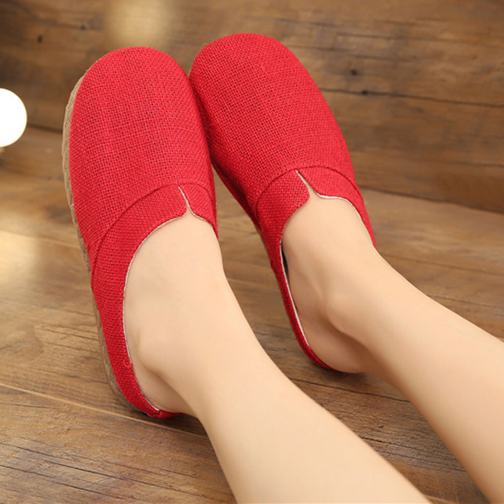 

Large Size Women Comfy Flax Closed Toe Flat Slippers, Red;blue;beige