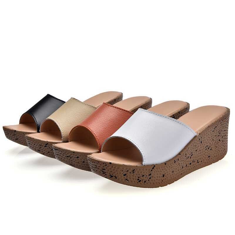 Leather Color Match Slip Resistant Casual Wedges Sandals For Women