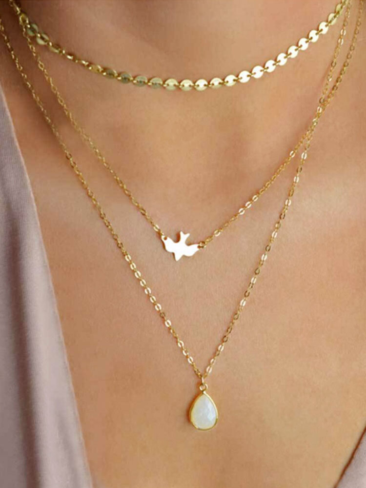Bohemian Peace Pigeon Multi-layer Necklace Water Drop Pendant Alloy Chain Charm Necklace 
