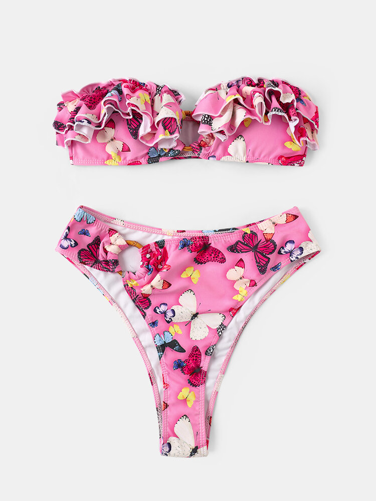 

Women Butterfly Print Ruffle Trims Bandeau Thong Bikinis Swimwear, Pink;blue