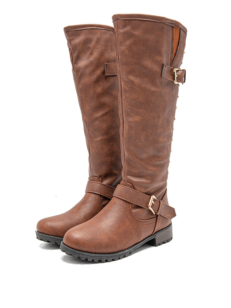 

Large Size Women Rivet Decor Back-zip Comfy Knee High Boots, Khaki;brown