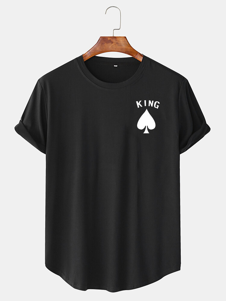 Mens King Heart Poker Print Curved Hem Cotton Short Sleeve T-Shirts