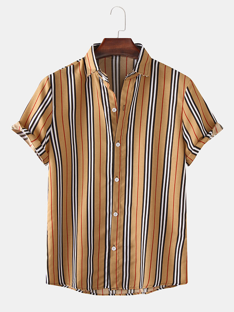Mens Classic Striped Short Sleeve Casual Loose Turn Down Collar Shirts
