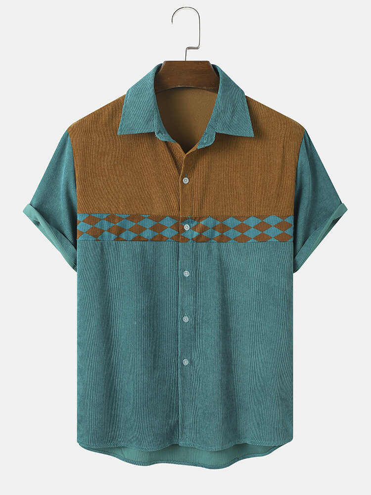 Mens Argyle Pattern Stitching Corduroy Short Sleeve Shirts