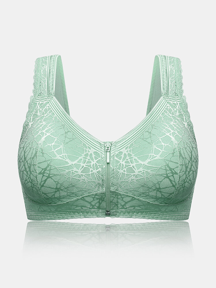 

Women Wireless Front Zipper Gather Lace Trims Breathable Comfy Wide Straps Bra, Green;black;nude