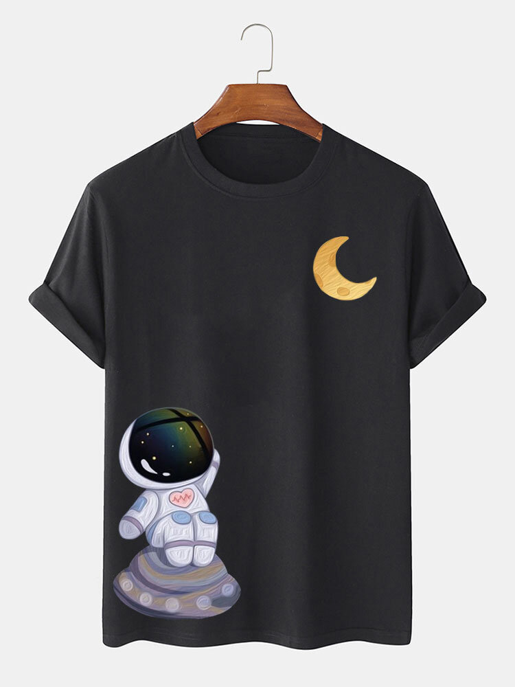 Mens Cartoon Astronaut Moon Print Crew Neck Short Sleeve T-Shirts
