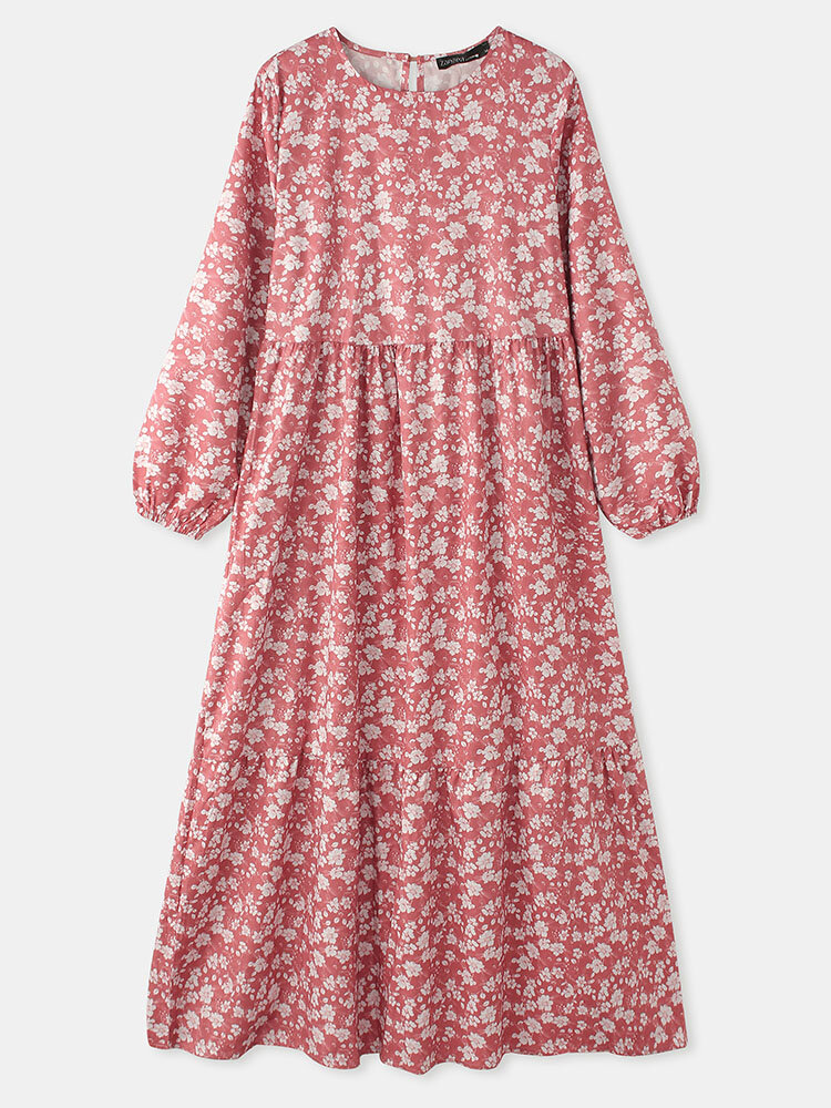 Floral Print Puff Sleeve Plus Size Casual Long Dress for Women