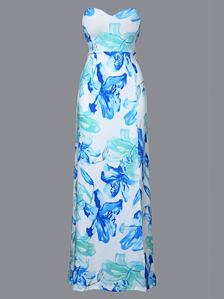 Floral Print Slit Hem Strapless Maxi Dress For Women