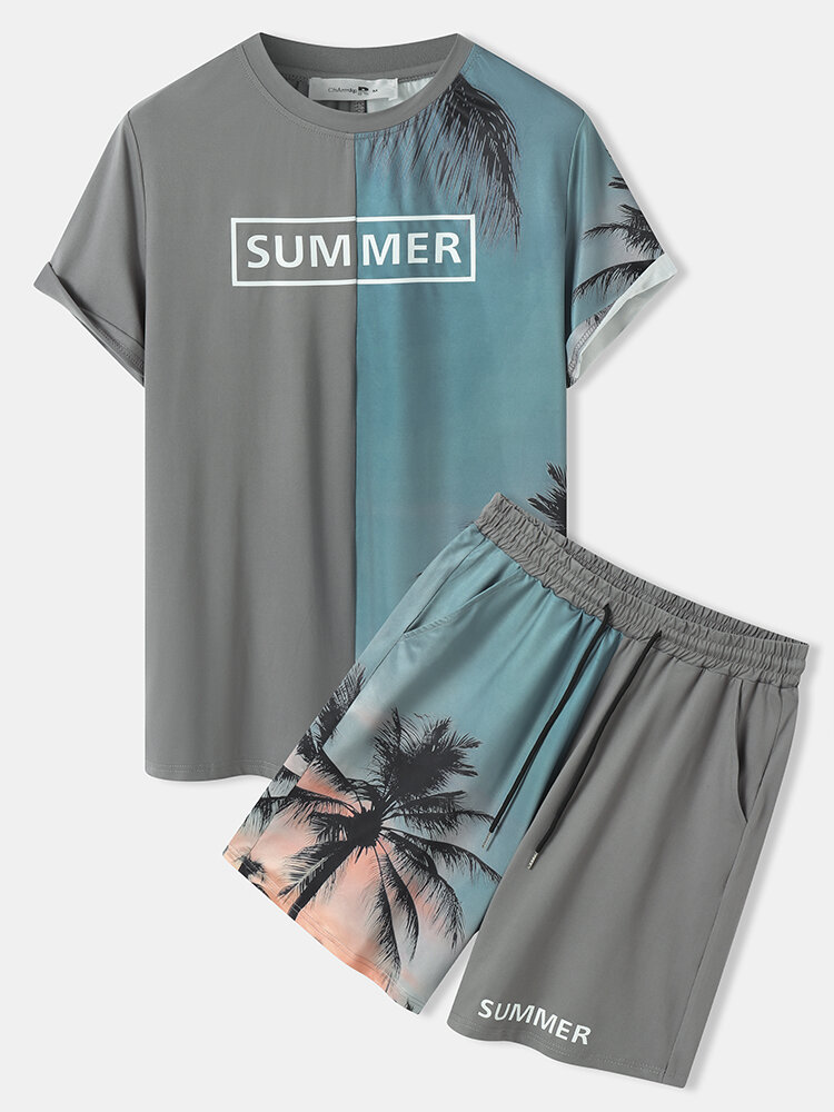 Mens Coconut Tree Print Contrast Patchwork Holiday Two Pieces Outfits