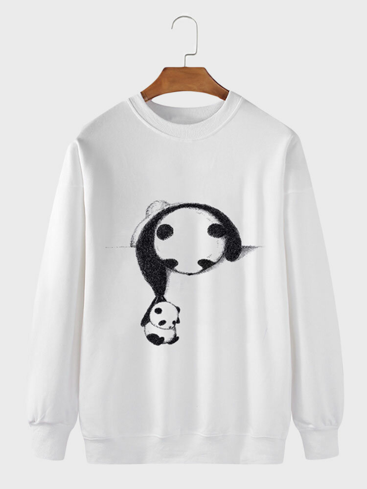 Mens Cartoon Panda Print Crew Neck Loose Pullover Sweatshirts