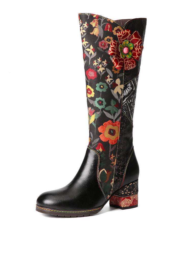 Socofy Retro Floral Decor Sheepskin Side Zipper Comfortable Combined Chunky Heel Knee High Boots