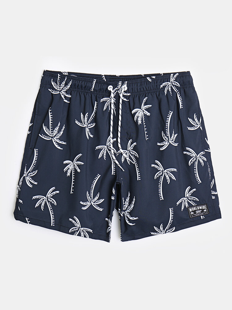 

Men Tropical Plant Print Mesh Lined Drawstring Swim Trunks Board Shorts, Navy