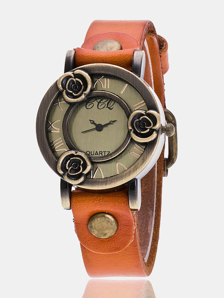 Vintage Thin Band Women Wrist Watch Three Roses Hollow Dial Quartz Watch