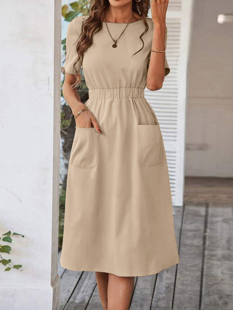 Women Solid Double Pocket Casual Short Sleeve Dress