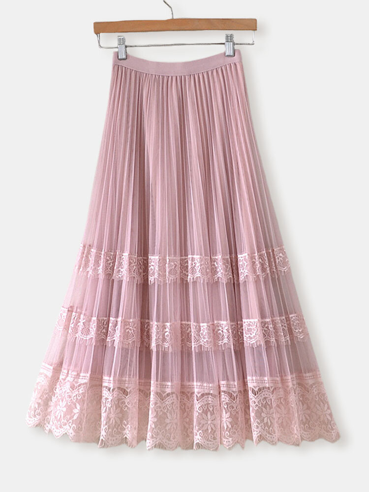 

Flower Lace Embroidery Chiffon Pleated Mesh Overlay Tulle Skirt, Pink;blue;apricot
