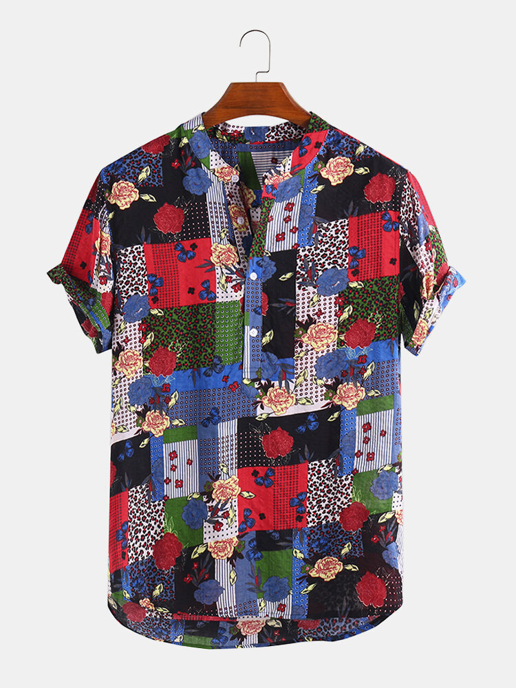 Men Cotton Floral Print Ethnic Style Short Sleeve Casual Henely Shirt
