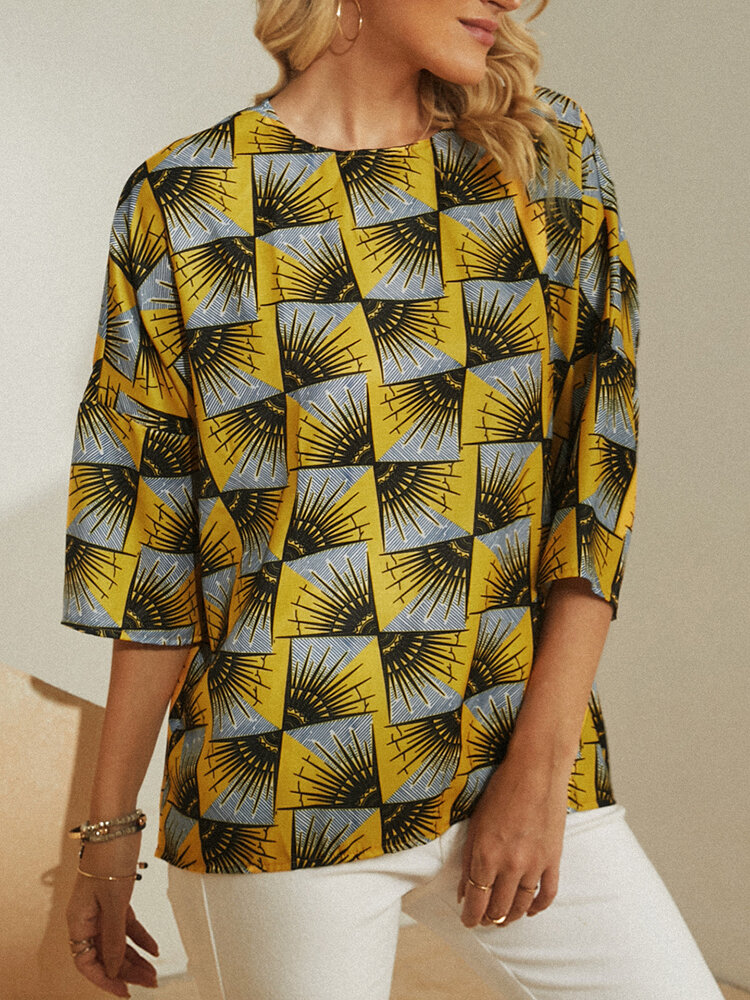 Geometric Printed  O-neck Casual Blouse For Women