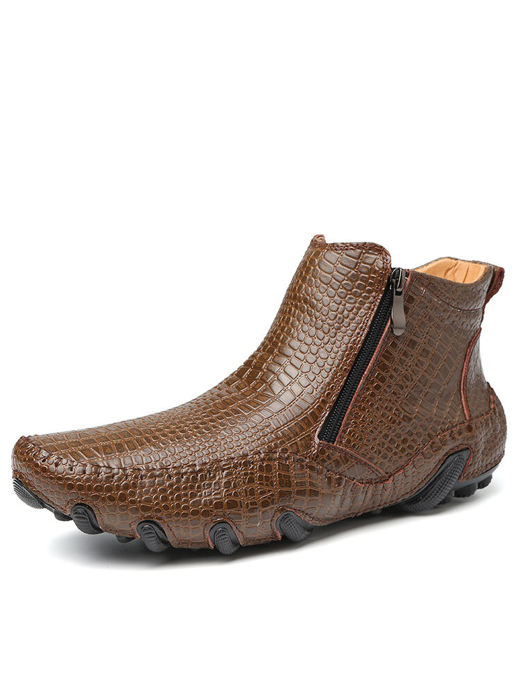 Men Stylish Crocodile Pattern Zipped Inside Soft Leather Ankle Boots