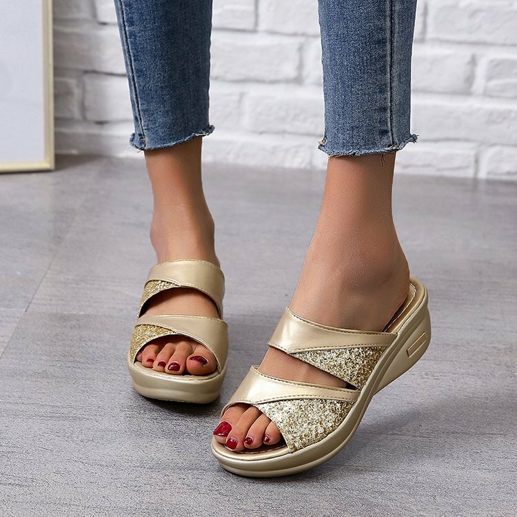 Large Sizes Womens Double Band Solid Color Sequined Outdoor Platform Slippers