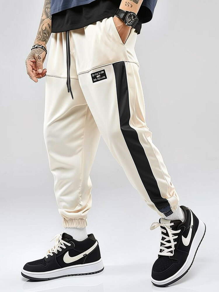 

Mens Patchwork Drawstring Waist Loose Casual Pants, White