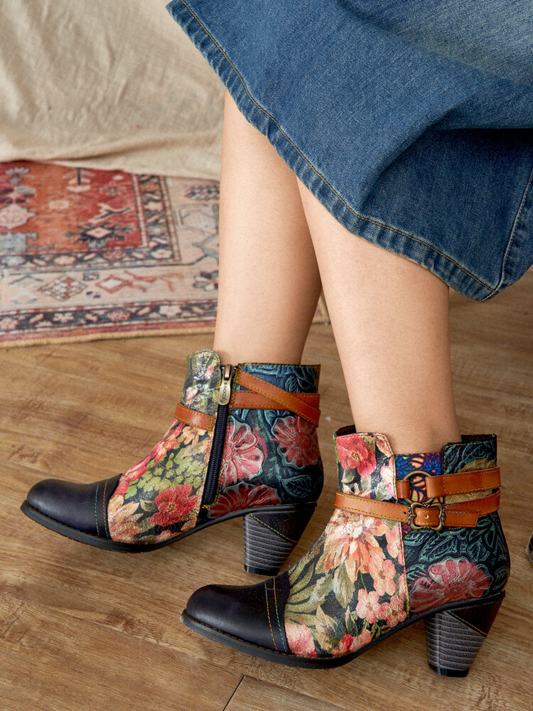 Socofy Leather Delicate Floral Patchwork Warm Lining Side Zip Short Calf Heel Boots