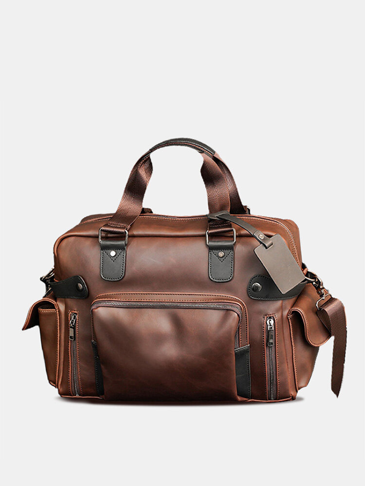 Men Vintage Casual Large Capacity Briefcase Laptop Bag Faux Leather Multi-Pocket Crossbody Bag Handbag