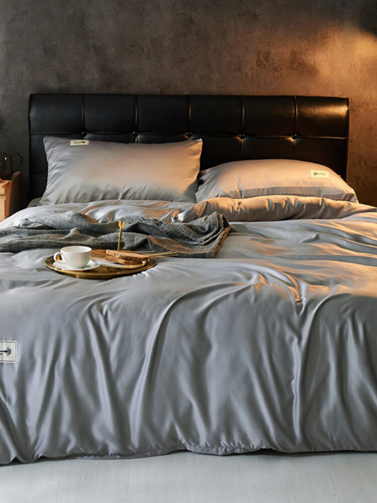 EU Size 4Pcs Solid Washed Silk Satin Bedding Set Soft Breathable Duvet Cover Sheet Pillowcase