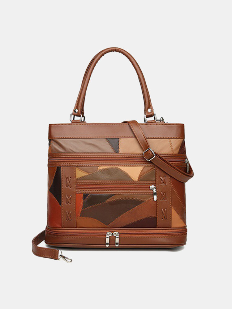 Vintage Genuine Leather Multi-layer ZIP Color Block Design Crossbody Bag Handbag