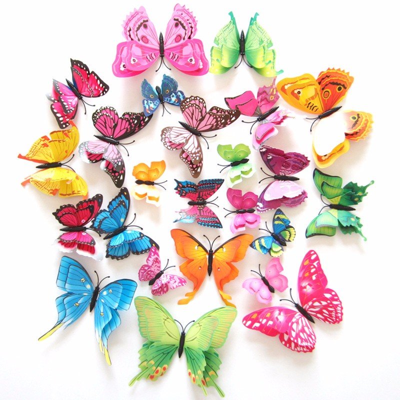 

12PCS 7 Colors 3D Double Layer Butterfly Wall Sticker Fridge Magnet Art Applique, Rose;green;rainbow;colorful;claret;white