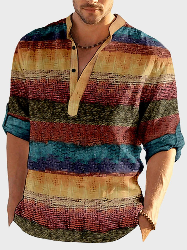 Mens Colorful Print Stand Collar Casual Long Sleeve Henley Shirts