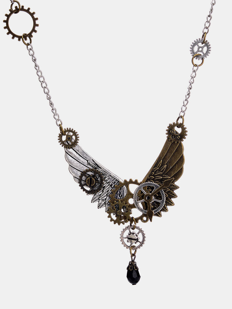 Vintage Unisex Jewelry Steampunk Wings and Gear Necklace Crystal Drop Charm Necklace