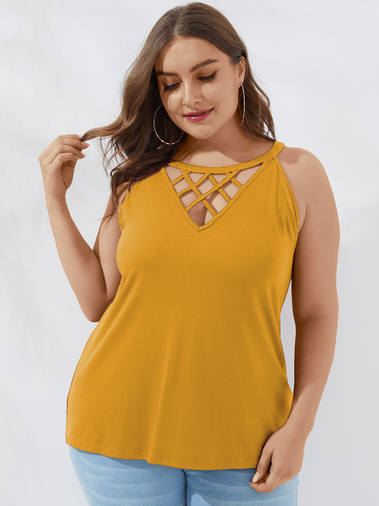 Solid Color Hollow Sleeveless Plus Size Tank Top