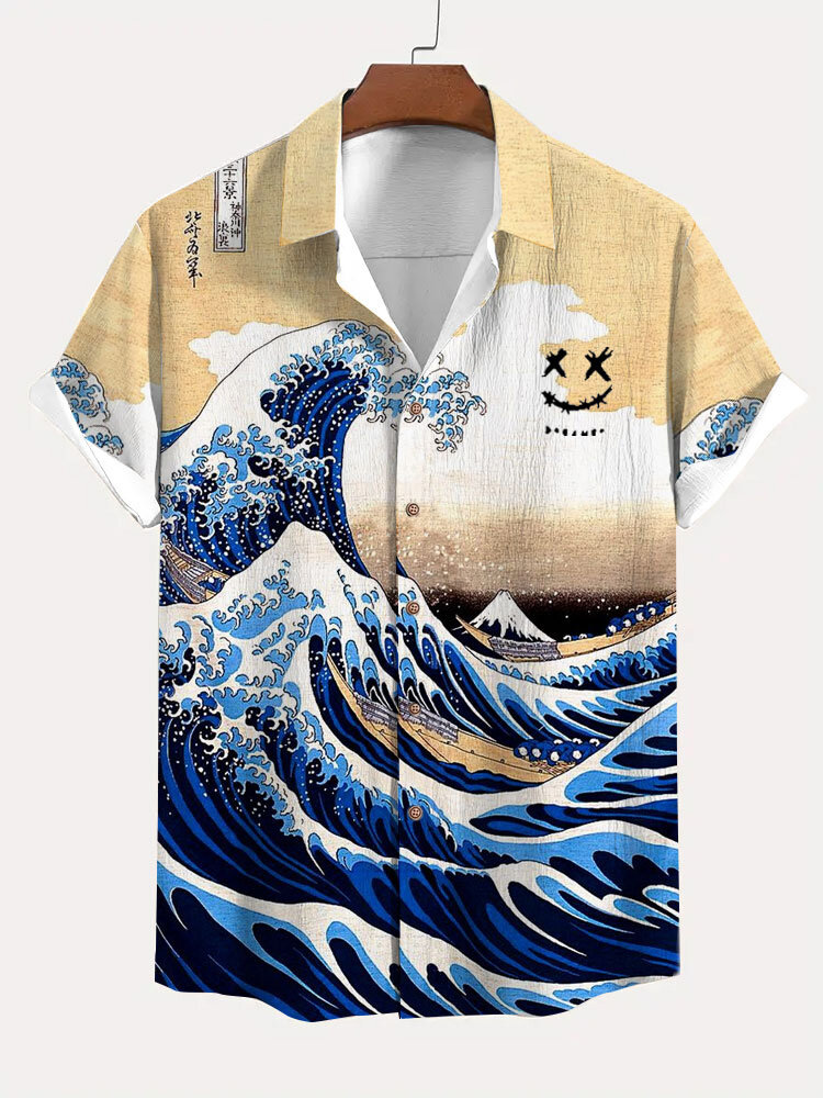 Mens Smile Japanese Wave Ukiyoe Print Lapel Short Sleeve Shirts