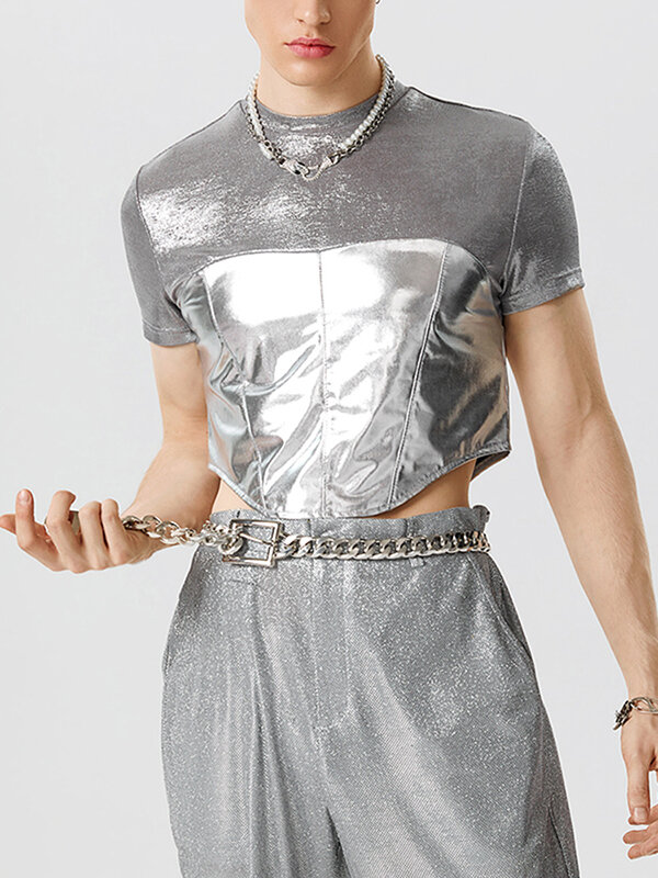 

Mens Metallic Patchwork Short Sleeve Cropped T-Shirt, Silver