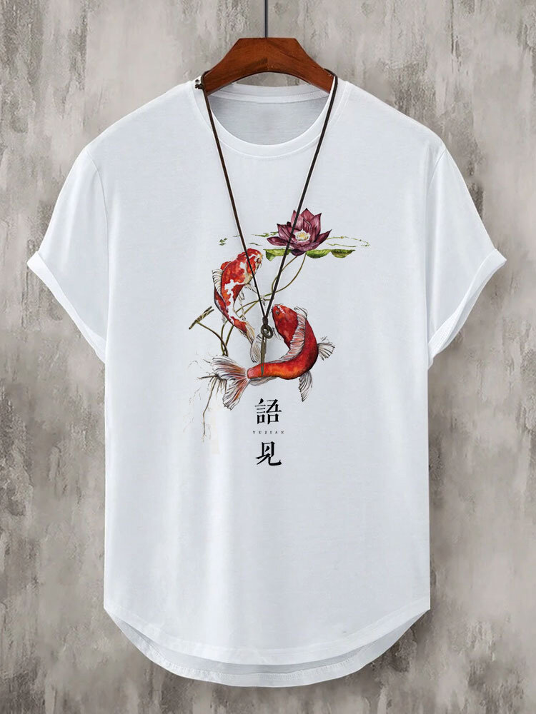 

Mens Chinese Koi Lotus Print Crew Neck Short Sleeve T-Shirts, White;black