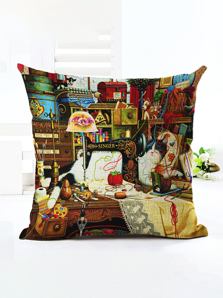 1 PC Retro Style Cats Linen Cotton Cushion Cover Home Sofa Art Decor Throw Pillow Cover Pillowcase