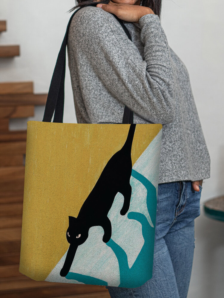 Women Black Cat Patchwork Pattern Print Shoulder Bag Handbag Tote