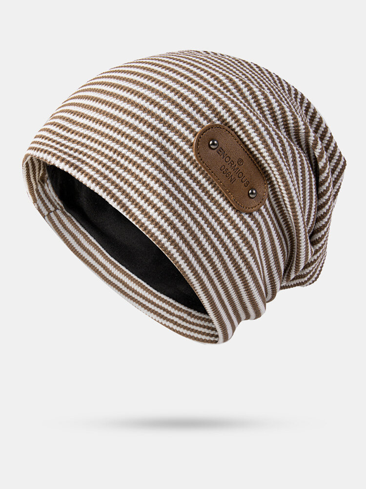 Unisex Cotton Pinstripe Letter Rivets PU Patch Vintage Warmth Beanie Hat