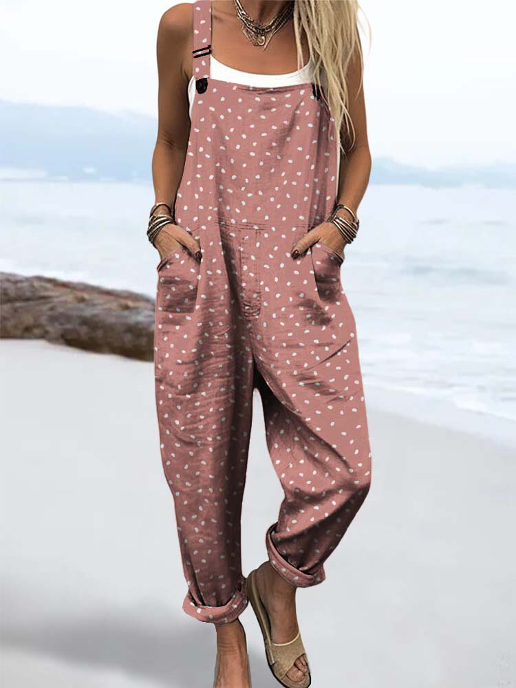 

Women Polka Dot Print Casual Overall Jumpsuit With Pocket, Pink