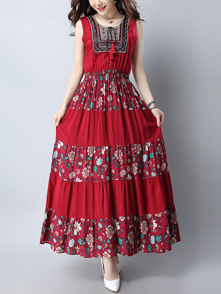 Bohemia Ethnic Floral Sleeveless Full Length Dress