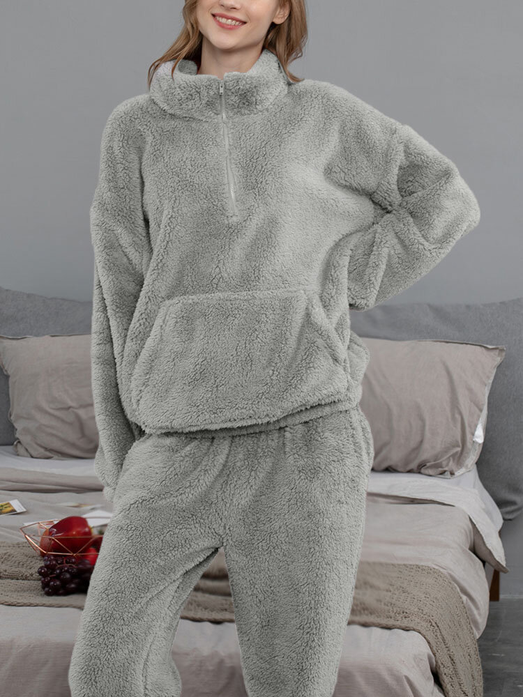 Women Pure Plush Fluffy Kangaroo Pocket Pullover High Neck Zip Front Home Pajama Set With Jogger Pants