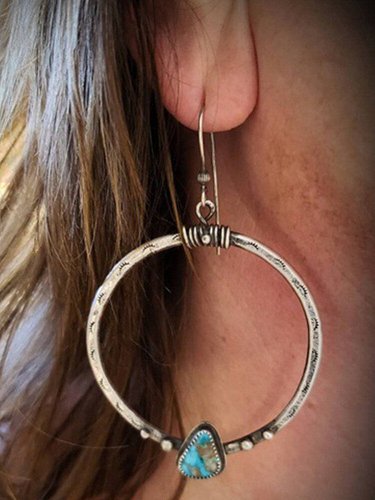 Vintage Geometric Triangle Silver Turquoise Earrings Metal Handmade Big Circle Earrings