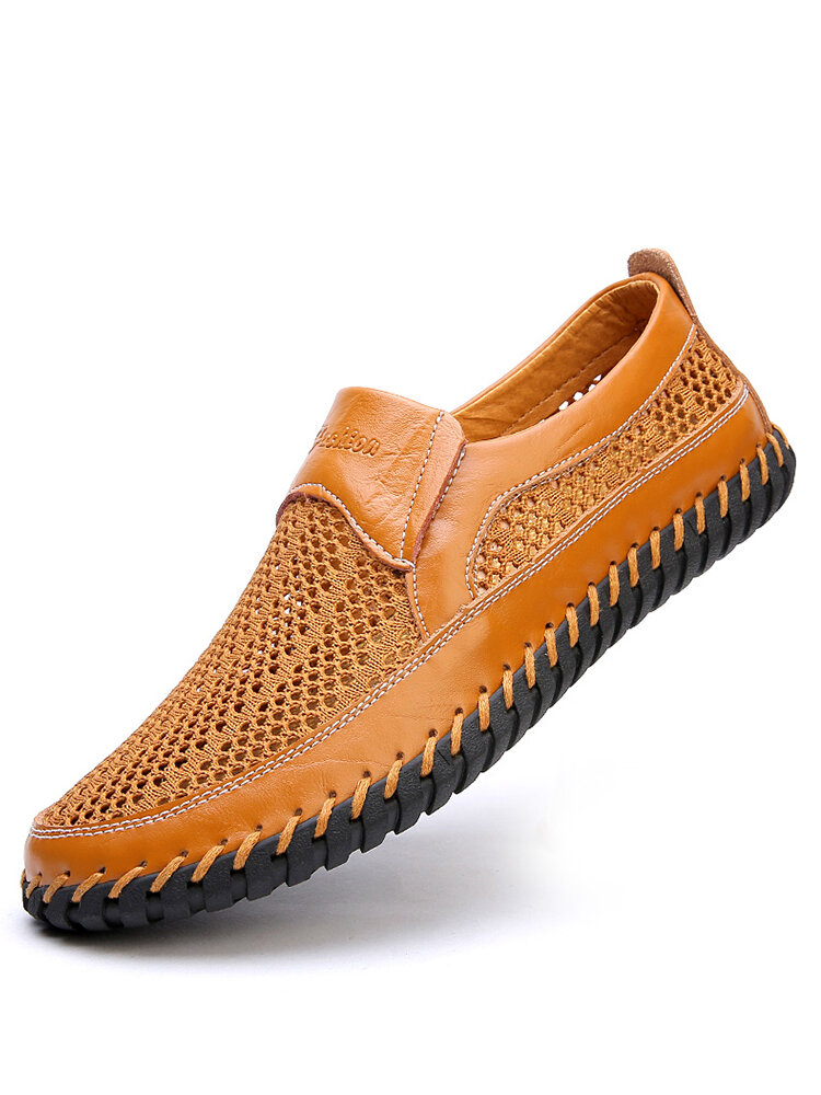 Sapatos masculinos de malha respirável antiderrapante costura à mão casual slip on