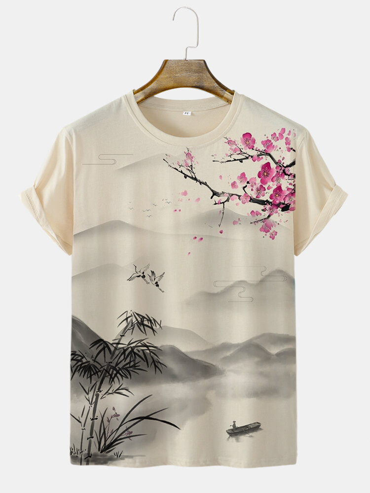 

Mens Chinese Plum Bossom Landscape Ink Painting Short Sleeve T-Shirts, Apricot