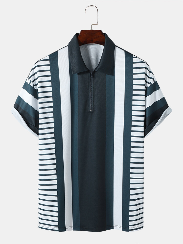 Mens Combined Multi-Striped Half Zip Holiday Short Sleeve Golf Shirts