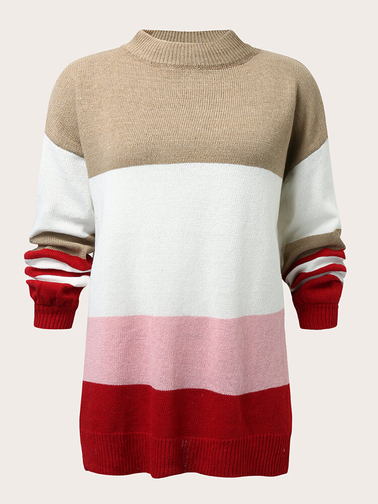 Plus Size Contrast Color Half-collar Lantern Sleeve Sweater