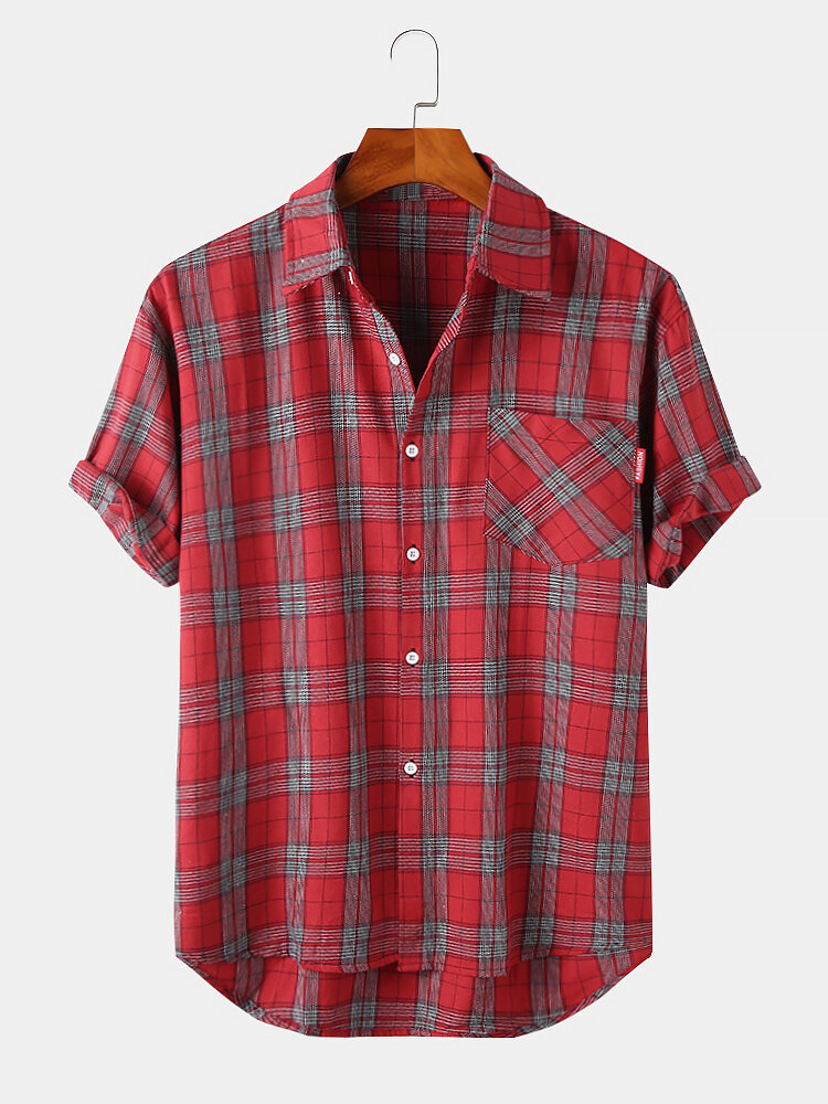 Mens Plaid Lapel High Low Short Sleeve Shirts With Pocket