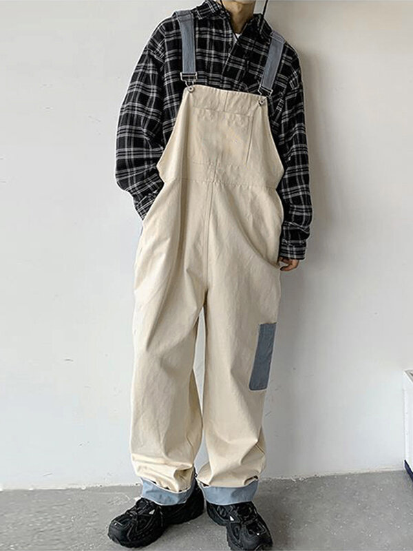 Mens Contrast Patchwork Button Design Casual Overalls